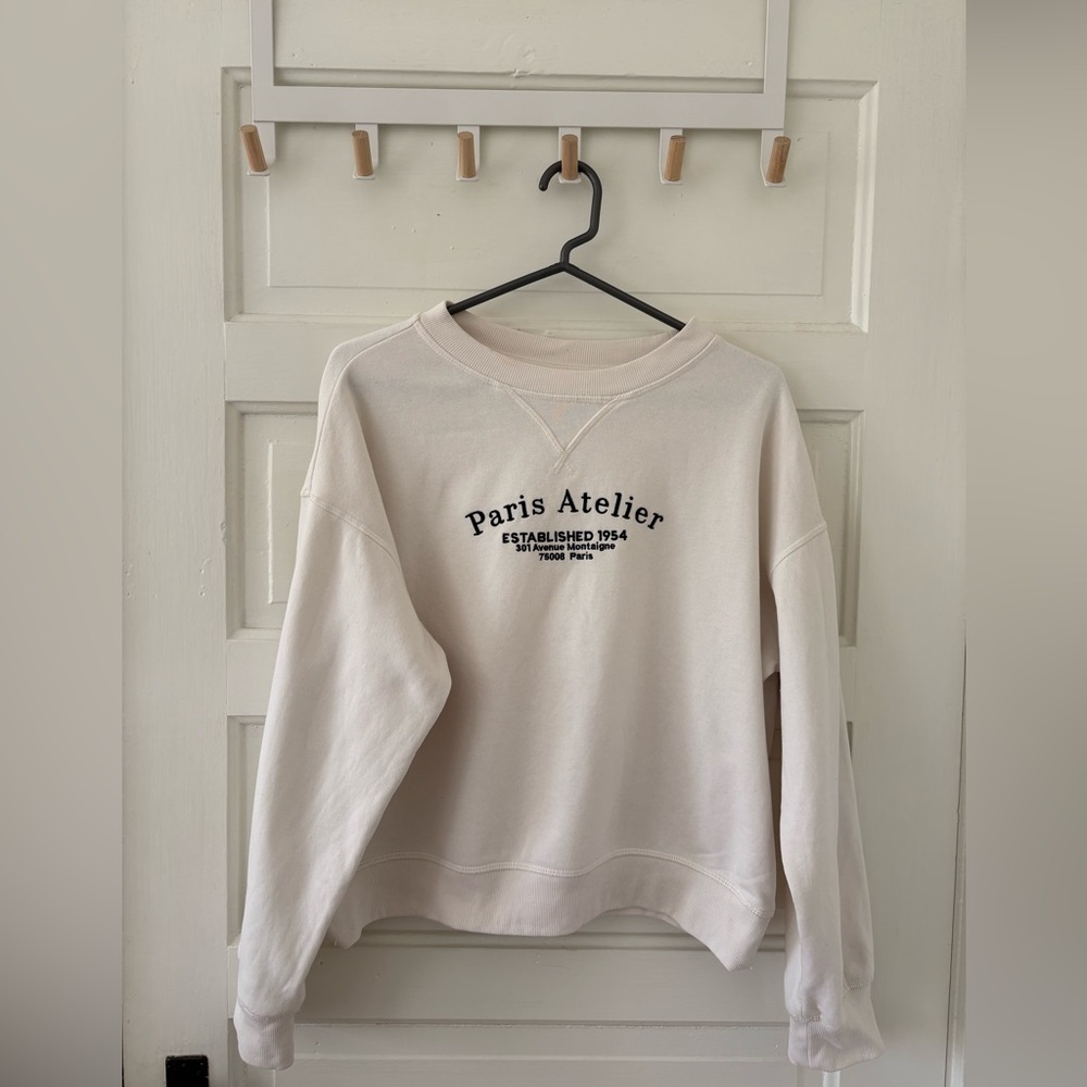H&M Paris Atelier Crewneck Sweater in Light Cream with Black Print